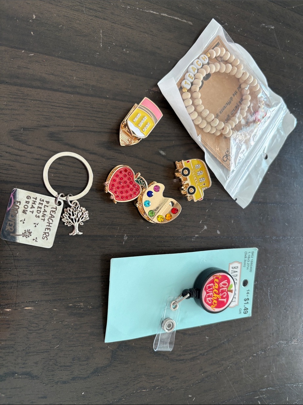 Teacher School Accessories Set - Assorted Pins, Keychain & Badge Reel